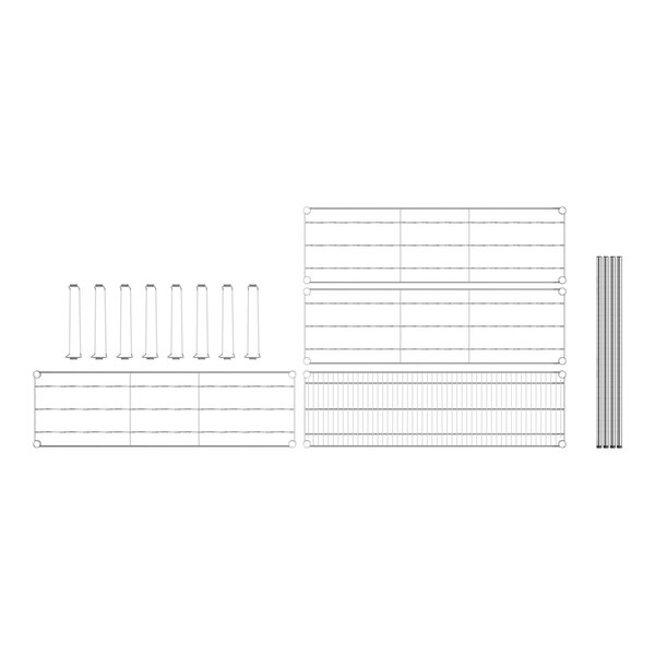 A white grid with black lines of rectangular shelves.