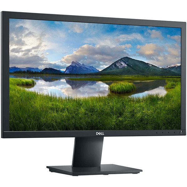 A Dell black 21 1/2 inch LED computer monitor with a landscape on the screen.