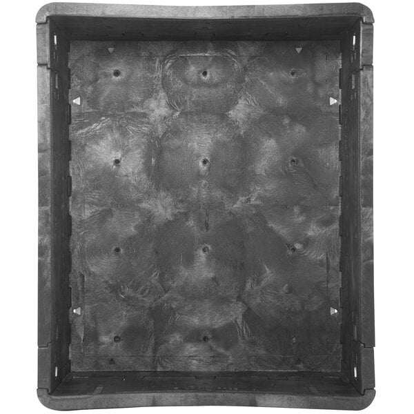 A black plastic crate with holes in it.