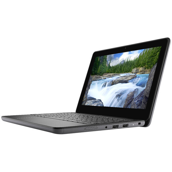 A Dell Latitude 3120 2-in-1 laptop on a desk with a river and trees on the screen.