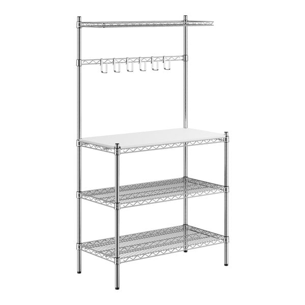 A chrome Regency baker's rack with wire shelves and a white plastic cutting board.