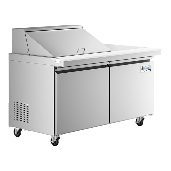 An Avantco stainless steel refrigerated sandwich prep table with two doors.