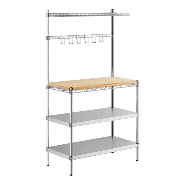 A Regency stainless steel wire baker's rack with a hardwood cutting board on top.