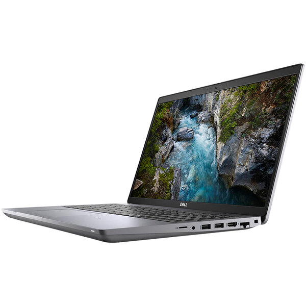 A Dell Mobile Precision 3561 laptop open with a landscape on the screen.