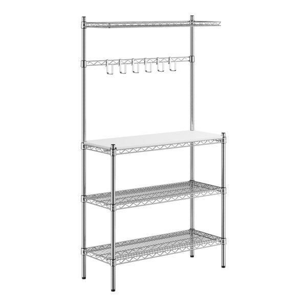 A chrome metal wire shelf with two shelves and a plastic cutting board.