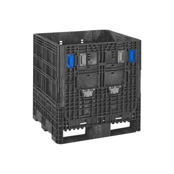 A black plastic collapsible container with blue handles.