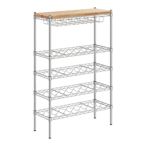 A Regency metal wine rack with wood shelves and posts.