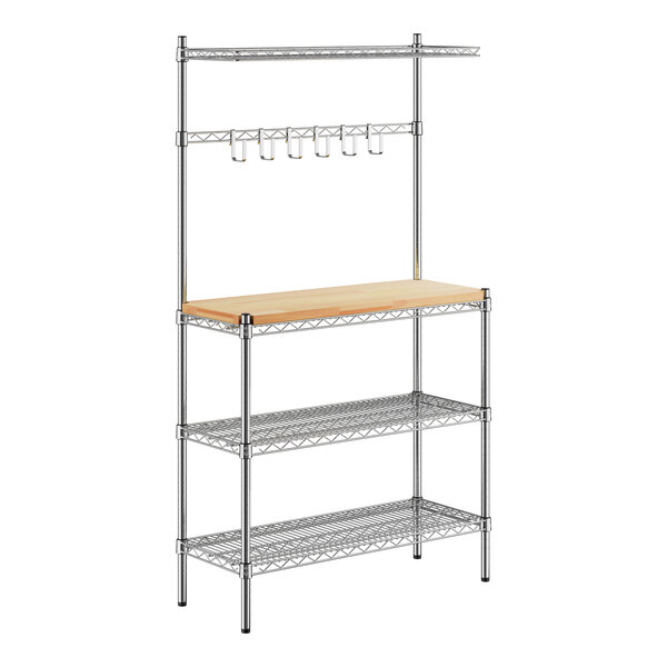 A Regency chrome wire baker's rack with wood shelves and a wood top.