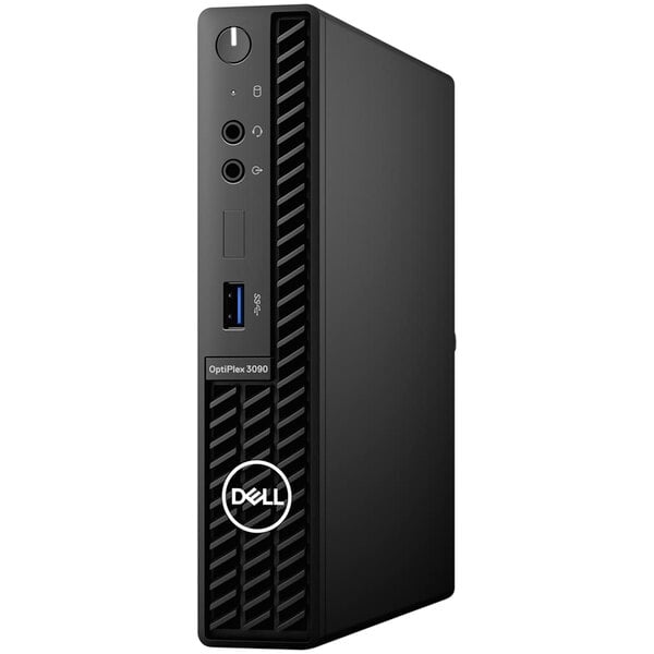 A black Dell OptiPlex 3090 Micro desktop with buttons and ports.