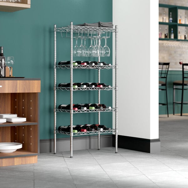 A Regency wire wine rack with wine bottles on it.