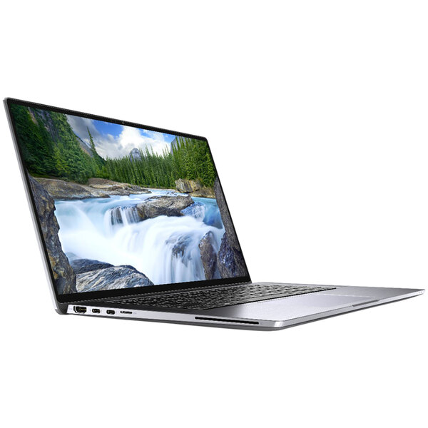 A Dell Latitude 9520 2-in-1 laptop with a waterfall on the screen.