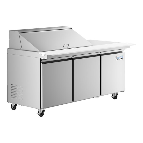An Avantco stainless steel refrigerated sandwich prep table with three doors.
