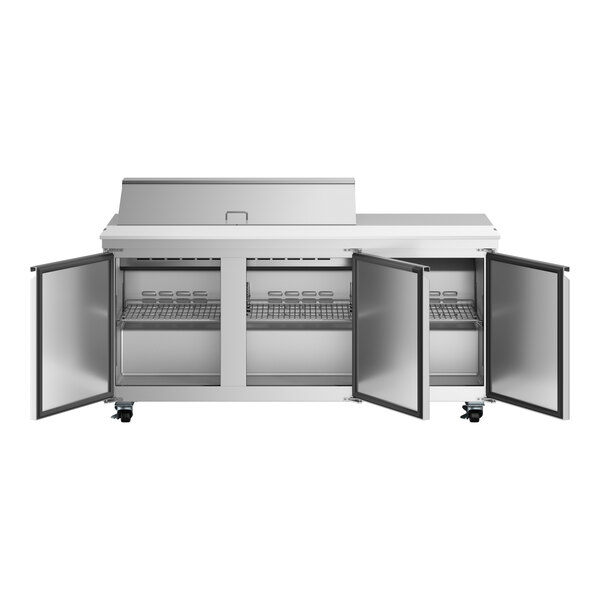 An Avantco stainless steel commercial refrigerator with two open doors.