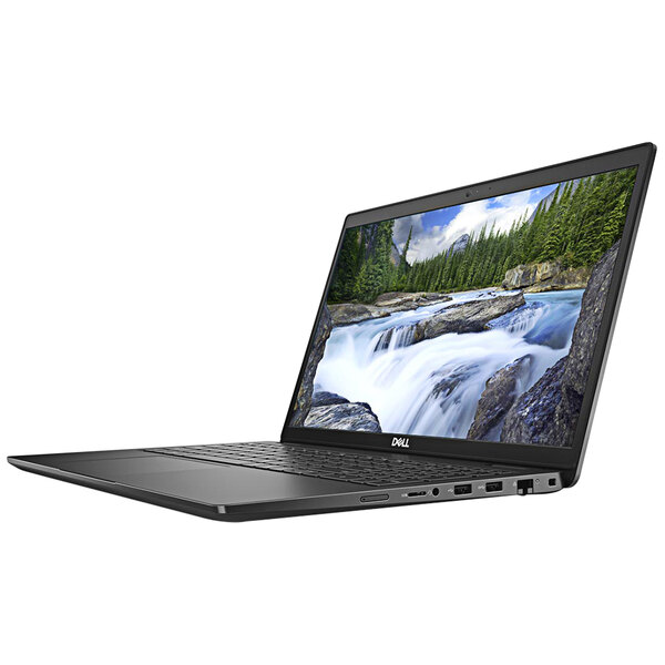 A Dell Latitude 3520 laptop with a river and trees on the screen.