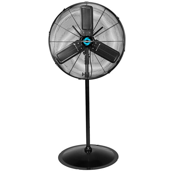 A black Tornado metal pedestal fan on a white background.