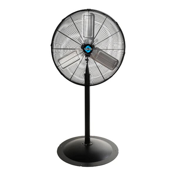 A large black industrial pedestal fan with a metal grille and three blades.