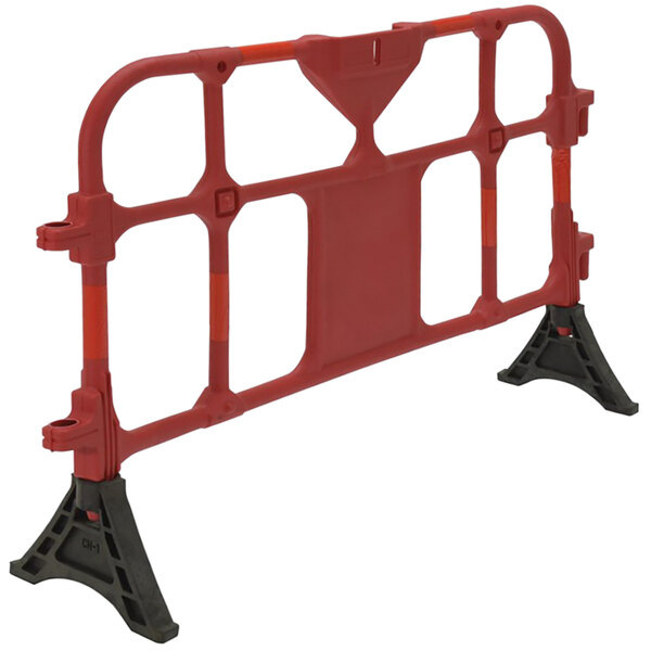 A red and black Vestil plastic barrier with a stand.