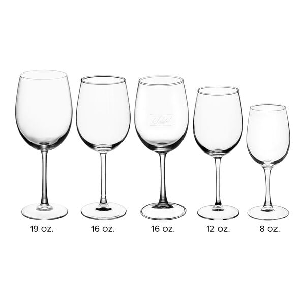 A row of Acopa Select Flora wine glasses with pour lines on a white background.