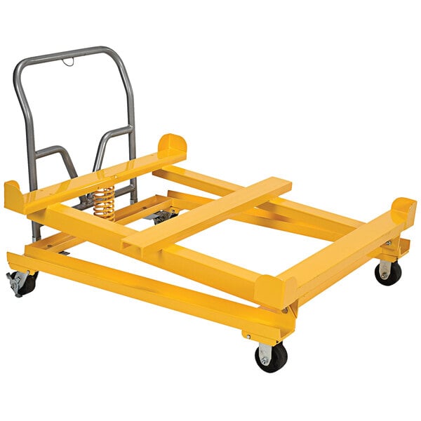 A yellow metal cart with black wheels.