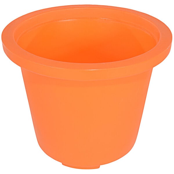 An orange plastic Vestil over pack drum with a white lid.