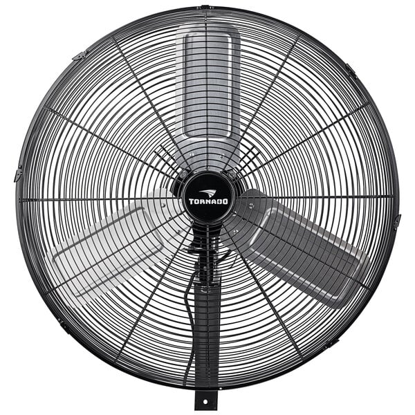 A black Tornado Pro Series 24" oscillating metal wall fan.
