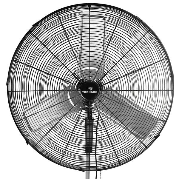 A black Tornado Pro Series industrial metal wall fan.