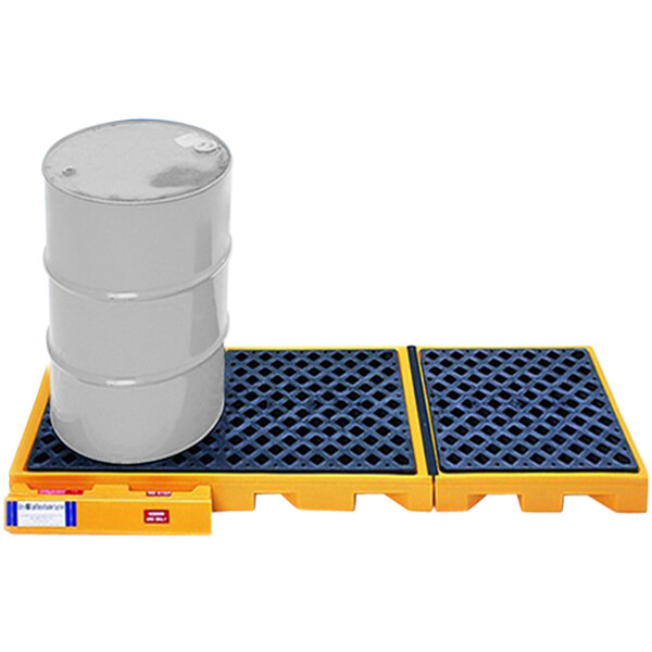 A white drum on a yellow Vestil spill pallet.