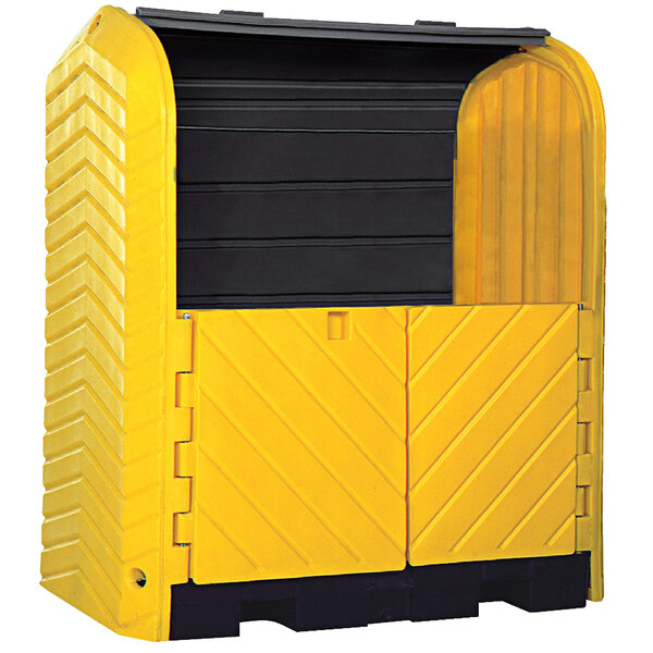 A yellow and black plastic storage container with a lid.