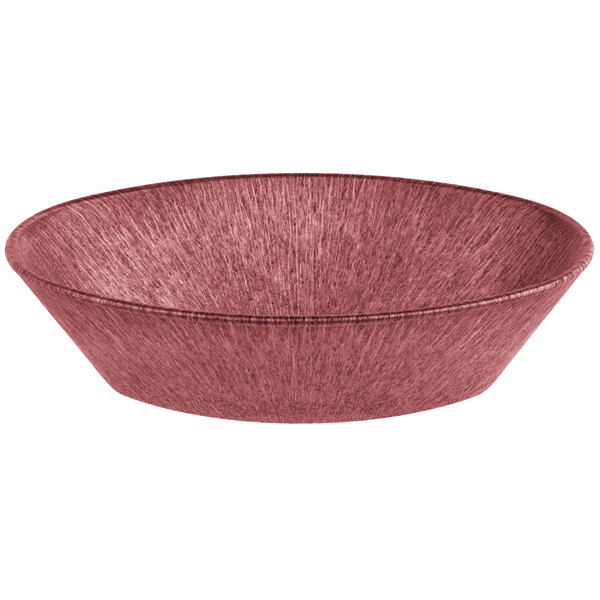 A white polyethylene oval basket with a red rim holding raspberries.