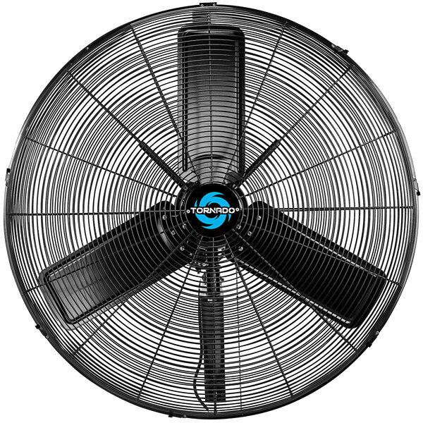 A black Tornado 30" metal wall fan with a blue logo.