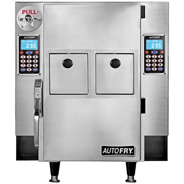 A white AutoFry Mini-C double basket ventless fryer with two digital displays.