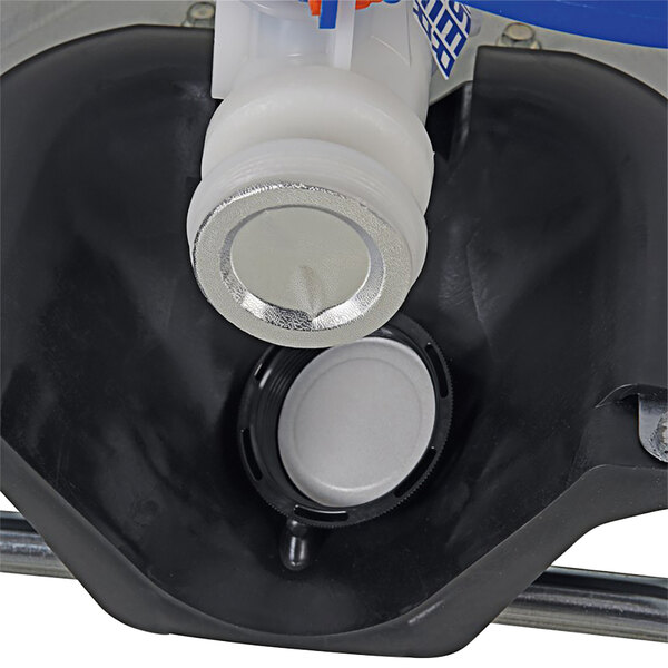 A close-up of a white plastic container with a black lid.