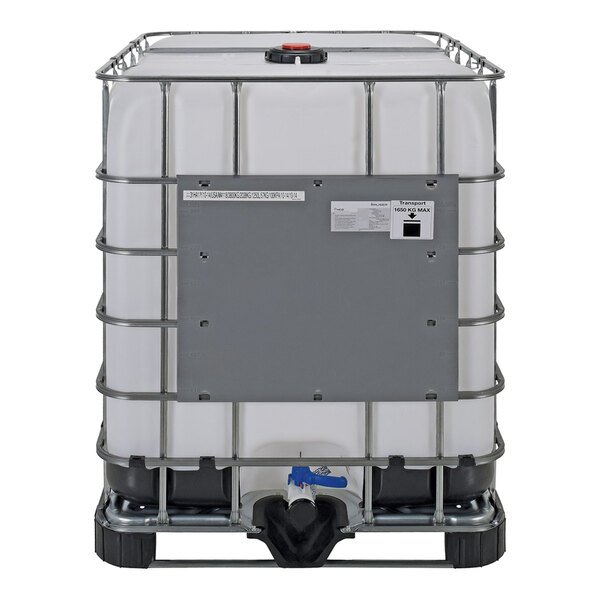 A white Vestil IBC with a metal frame.