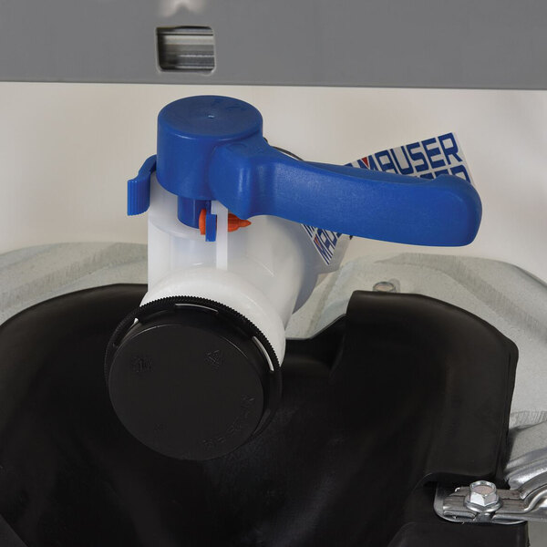 A white Vestil high density polyethylene bulk container with a black and blue cap.