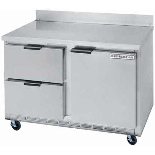 A Beverage-Air stainless steel worktop freezer with two drawers.