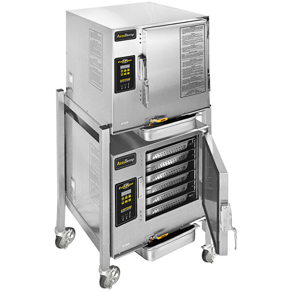 An AccuTemp double-stacked electric steamer oven on wheels with a door open.
