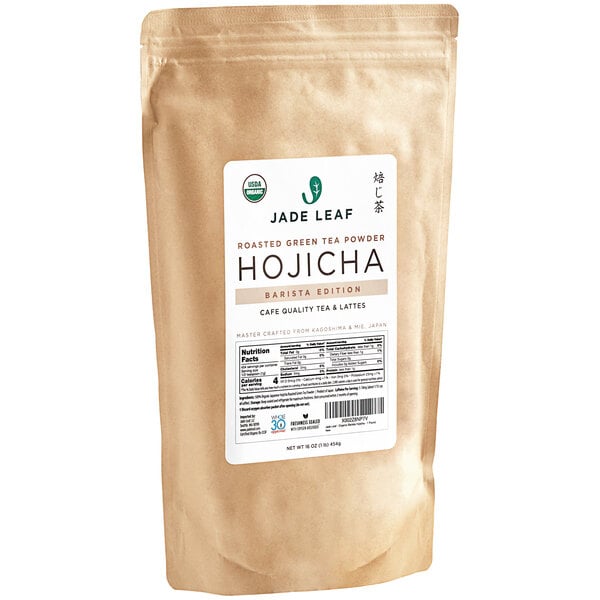 A bag of Jade Leaf Organic Hojicha Barista Edition roasted green tea powder with a label.