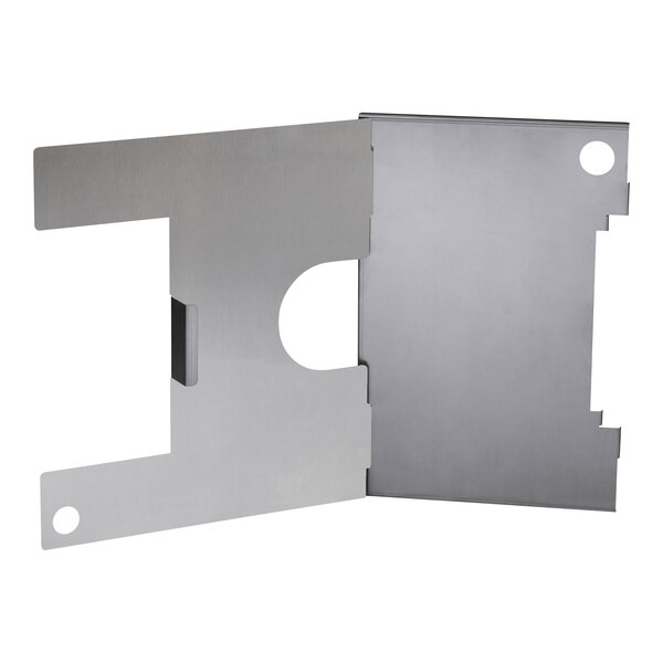 A grey rectangular metal box with two holes in it.