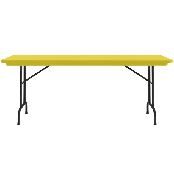 A yellow rectangular Correll folding table with black legs.
