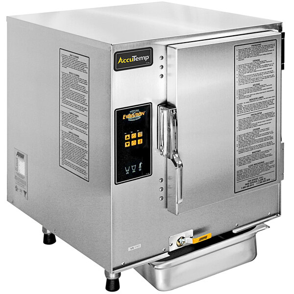 An AccuTemp Evolution countertop natural gas steamer with a digital display.