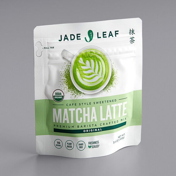 A bag of Jade Leaf Organic Sweetened Matcha Latte Mix on a white background.