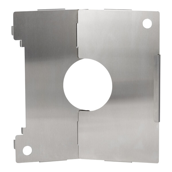 A stainless steel metal lid with a hole in the middle.