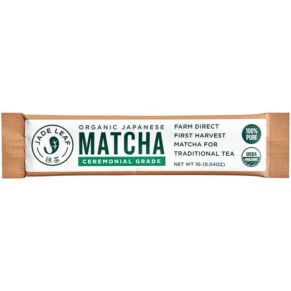 A package of Jade Leaf Organic Ceremonial Matcha Single Serve Sticks with a green and white label.