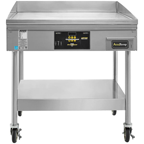 An AccuTemp stainless steel electric griddle on wheels.