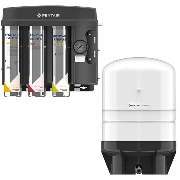 A white and black Everpure reverse osmosis system with several cylinders.