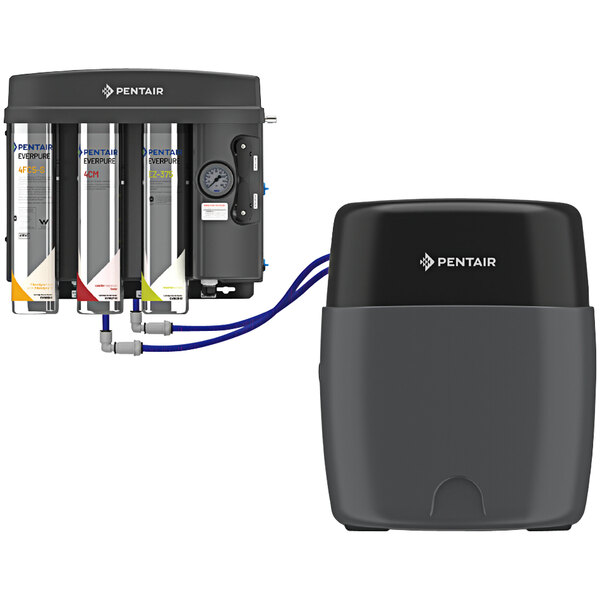A black Everpure reverse osmosis water purifier with several cylinders connected to it.