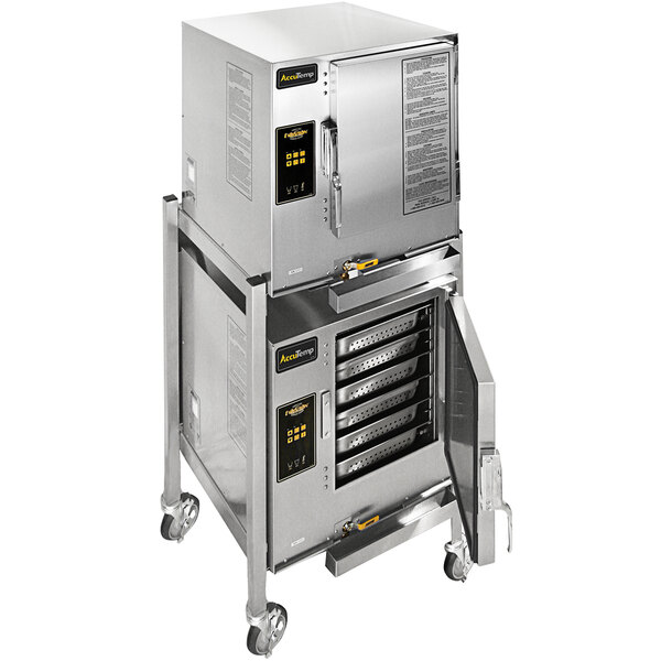 A large stainless steel AccuTemp double-stacked electric steamer on wheels.