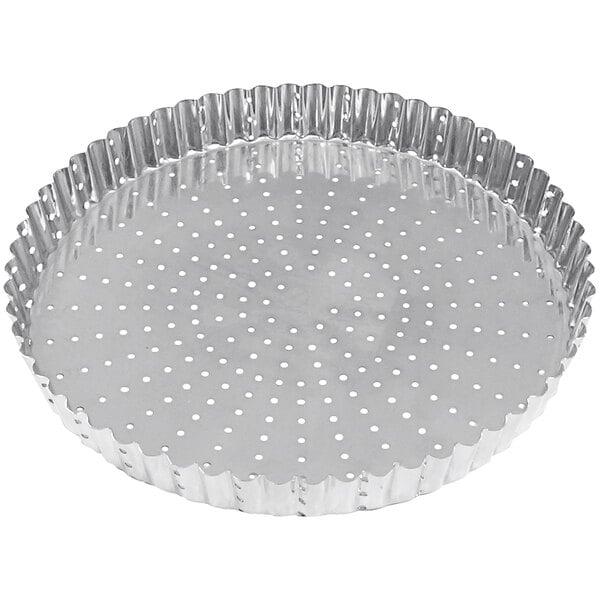A silver round Gobel metal tray with holes.