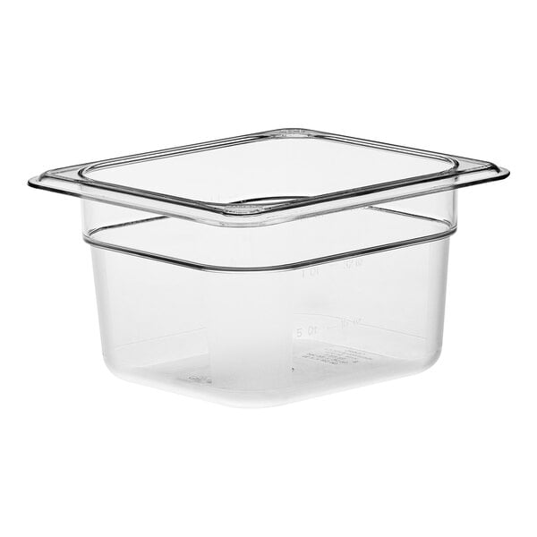 A Cambro clear plastic food pan with a square lid.