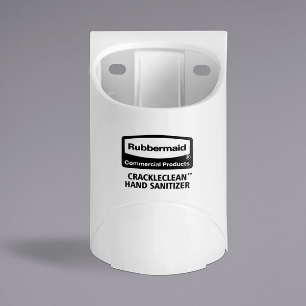 A white Rubbermaid sanitizer dispenser with a black label.